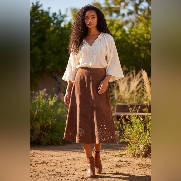 Coldwater Creek Dresses & Skirts - Coldwater Creek Brown Suede Leather Midi Skirt Western Boho Festival PM